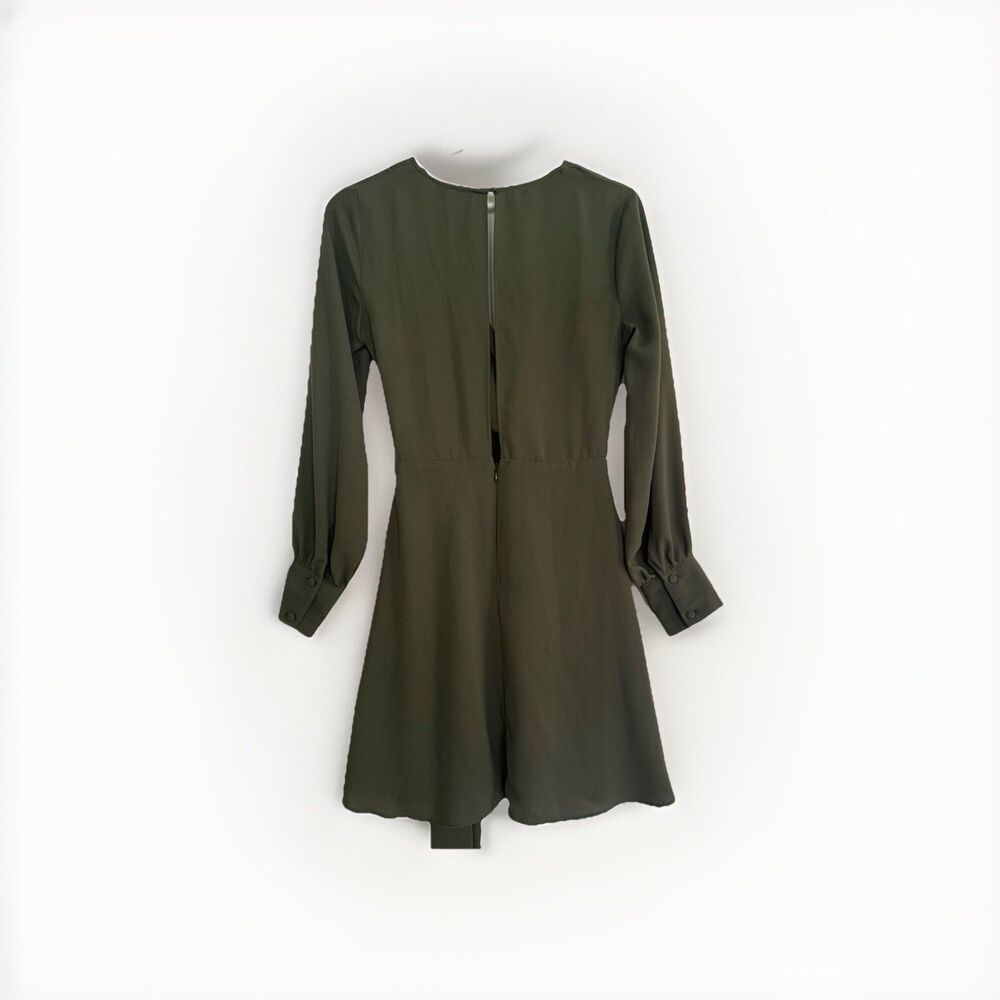 Topshop Wrap Over Olive Midi A-Dress Belted Knot Bishop Long Sleeves Sz 4 - Picture 3 of 15